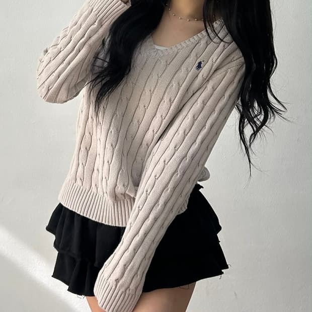폴로 랄프로렌 연그레이 케이블 걸즈 브이넥 코튼 니트(L)