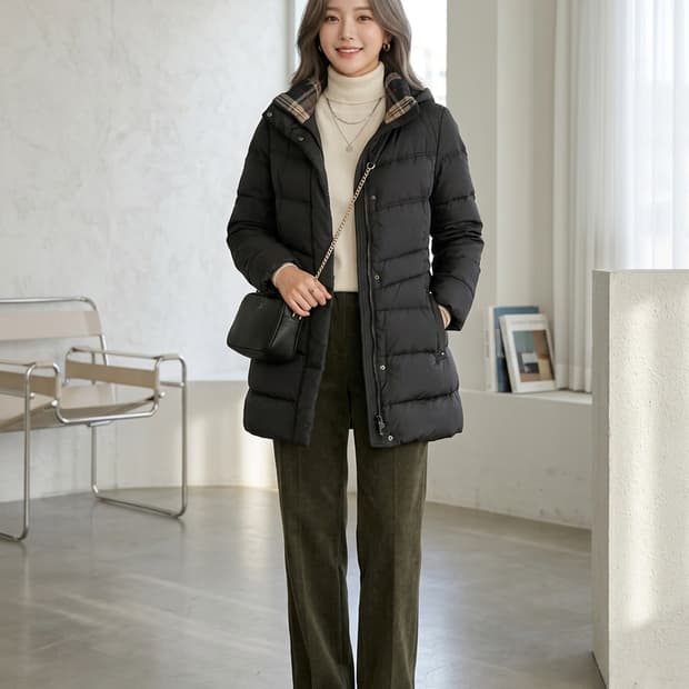 헤지스(HAZZYS) 클래식 체크 안감 블랙 구스다운 롱패딩