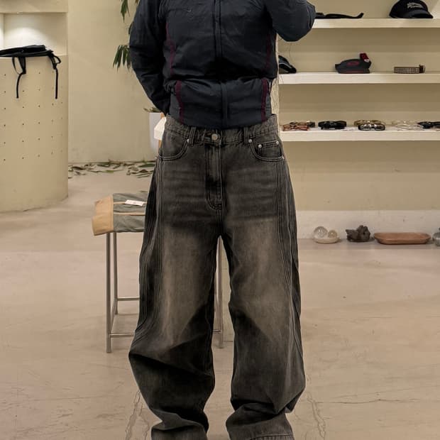 인템포무드 흑청 스티치 와이드 데님 팬츠 U562