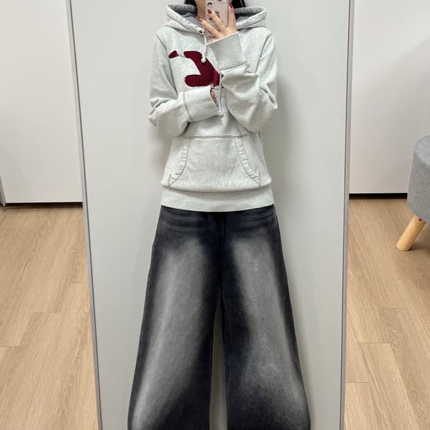 홀리스터 버건디 로고 멜란지그레이 후드티