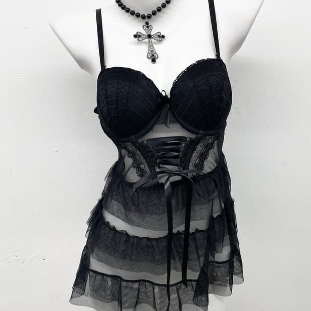 블랙 레이스업 캉캉 코르셋