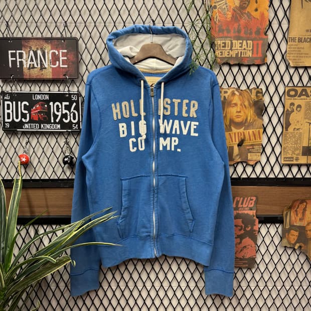 홀리스터 후드 집업 전면 레터링 로고 포인트 블루