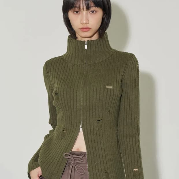 일리고 펀칭 데미지 니트 집업