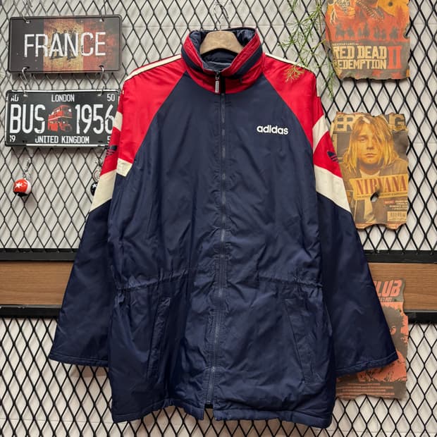 90s 아디다스 올드스쿨 바람막이 돕바 전면 로고 포인트 네이비 레드