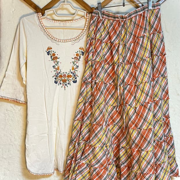 빈티지 자수 원피스 스커트 세트