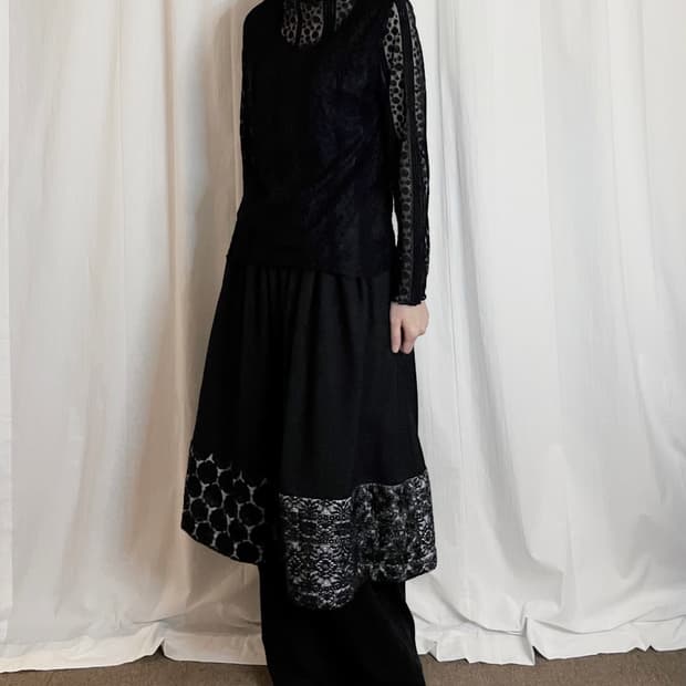 Lace Sheer Long Sleeve Blouse - Black