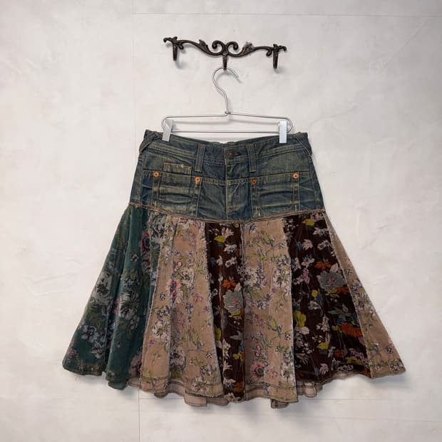 Denim corduroy bohemian floral patch sk