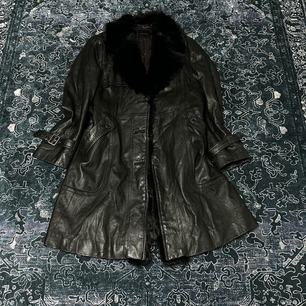 Black fur long leather jacket