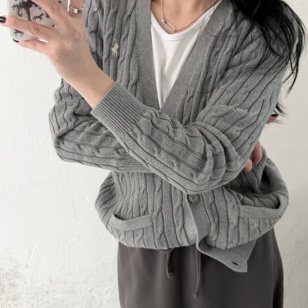 Polo 폴로 랄프로렌 신형 그레이컬러 브이넥 케이블 니트 가디건