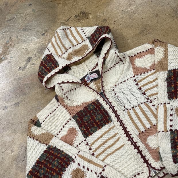 빈티지 모리 패치 패턴 하트 화이트 브라운 베이지 니트 후드집업