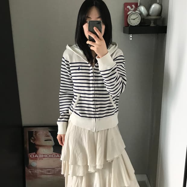 폴로 랄프로렌 QR코드택 포니로고 스트라이프 아이보리 후드집업