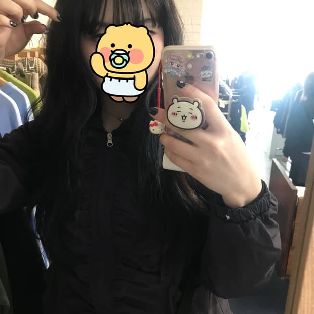 팬시클럽 리본 셔링 윈드 브레이커 차콜