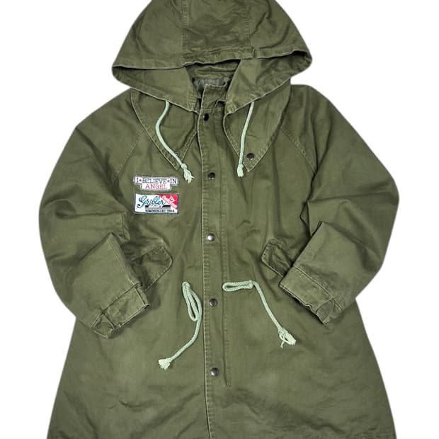 바배) 빈티지 올리브 그린 와펜 야상 후드 자켓
