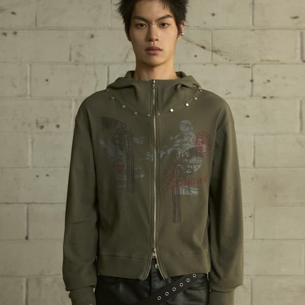 랜아카이브 스터드 집업 후드 카키 새상품