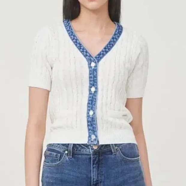 게스 수지 데님 반팔 케이블니트 가디건