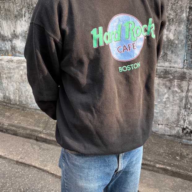 RH-06 빈티지 하드락 카페 스웻셔츠, 블랙 페이딩, 데미지 커스텀