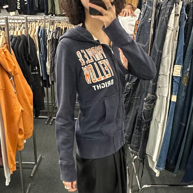 S) purple yellow 빈티지 프린팅 후드 집업