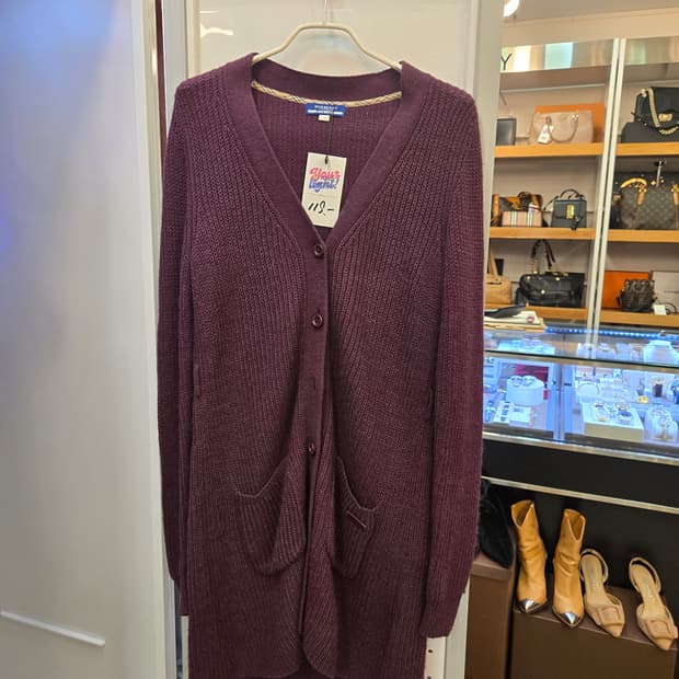 버버리 블루 라벨 버건디 롱 니트 가디건