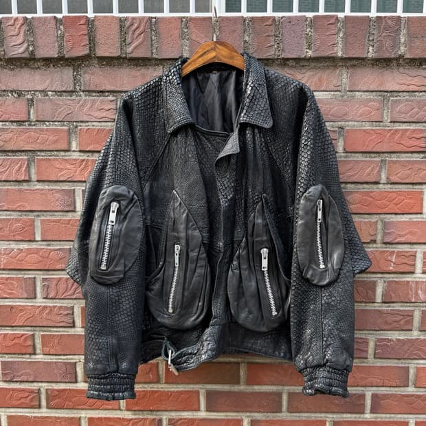 80s UK 빈티지 3D 포켓 레더 봄버