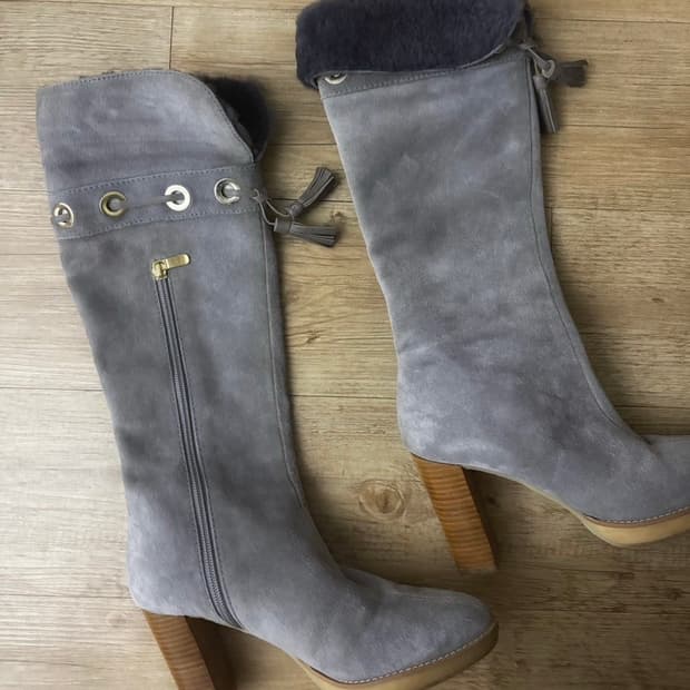 Grey Suede Fur Heel Boots