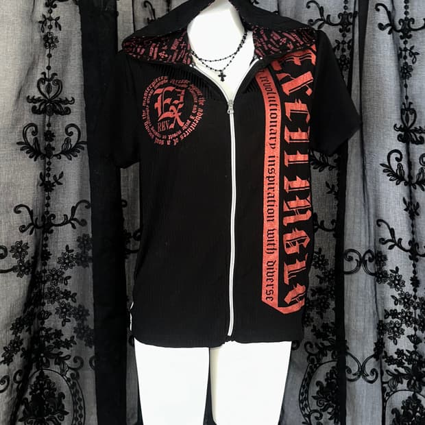 Red lettering punk hooded zip-up
