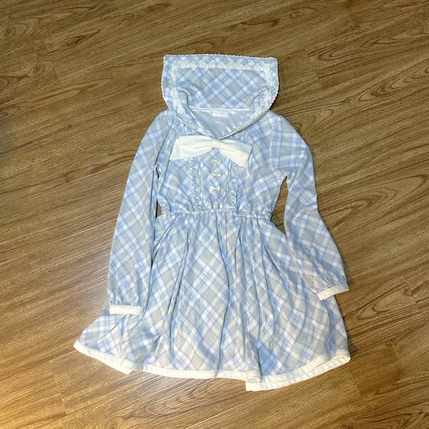 빈티지 리즈리사 하늘색 체크 라떼 리본 세일러 원피스 히메갸루 아일릿