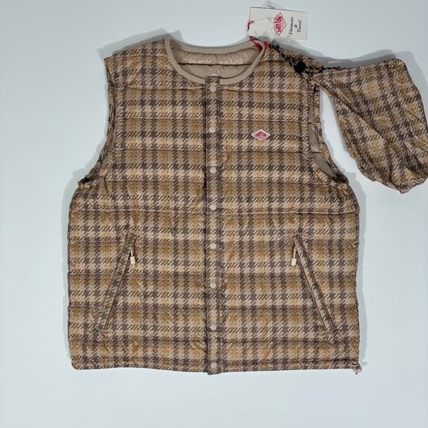 (W)DANTON 단톤 이너 다운 크루넥 베스트 베이지 체크