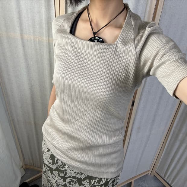 LA-BREA 스퀘어넥 골지 니트 반팔탑