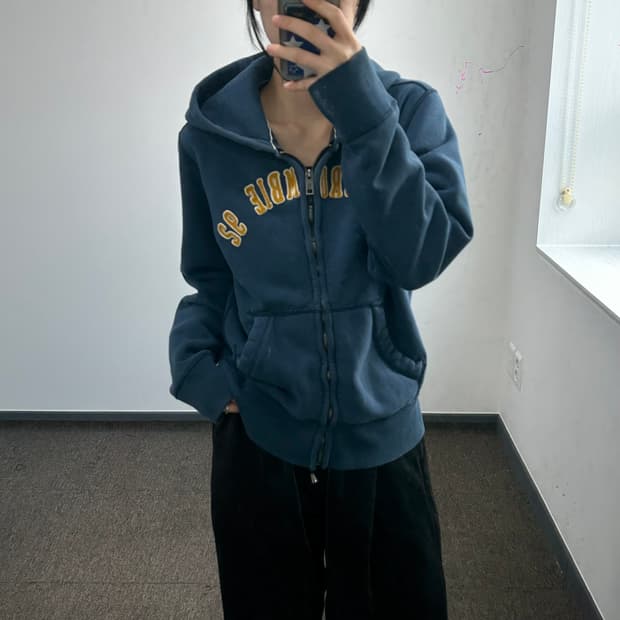 Abercrombie 아베크롬비 옐로우 스펠아웃 로고 네이비 후드집업  