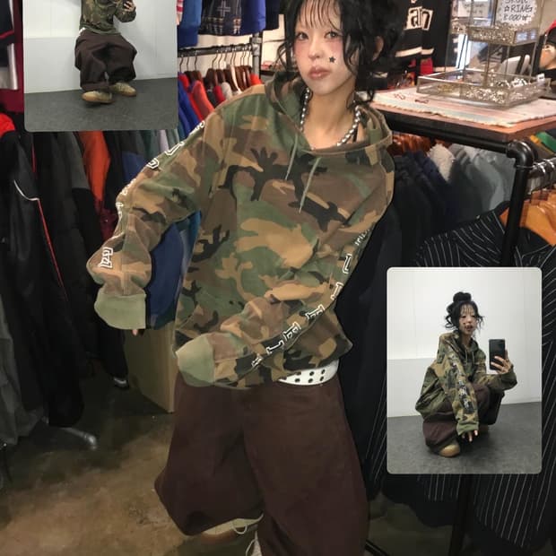 슈프림 사이드 로고 자수 카모 후드 롱슬리브 