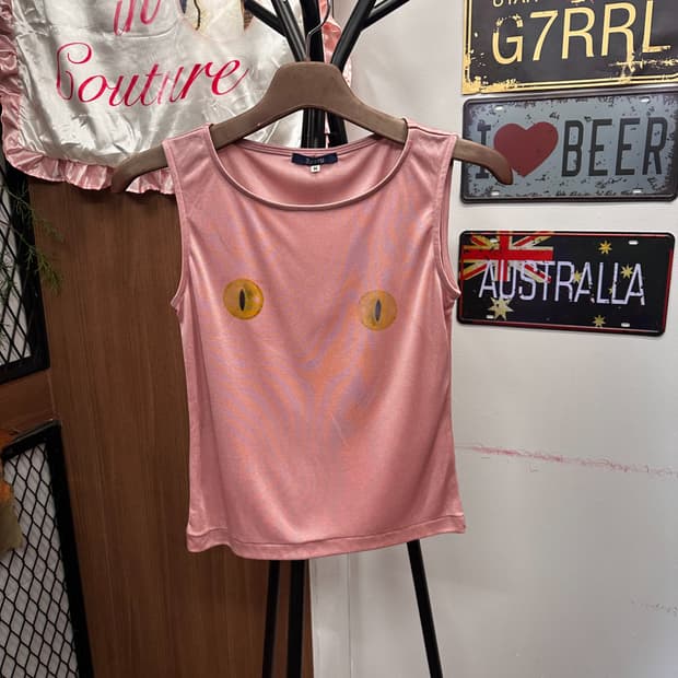 Pink Brown Cats Reprint Sleeveless Top