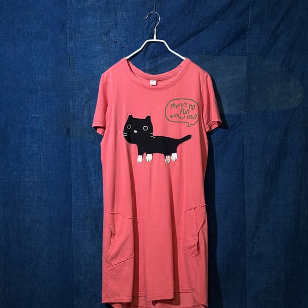 44-55 ) Japanese Vintage Cat Patch Dress