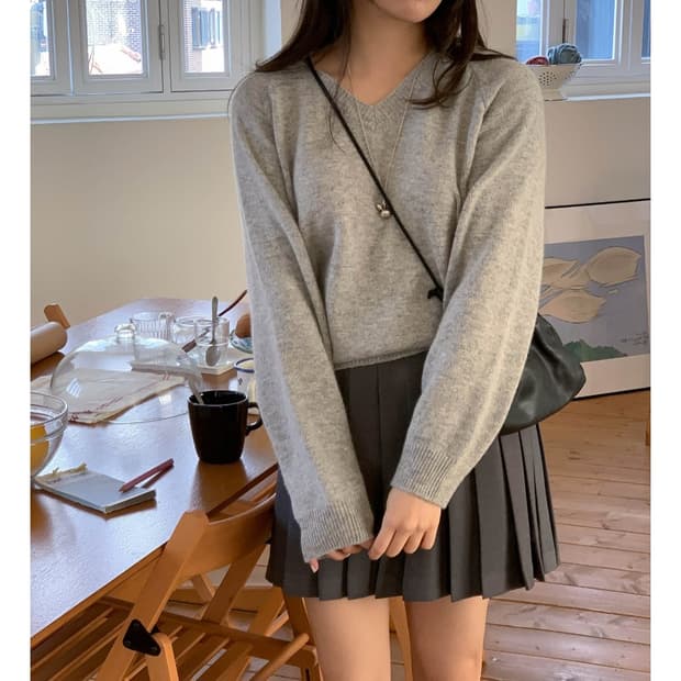 새상품) 미엘 miel 캐시미어 울 니트 하이 브이넥 니트 그레이