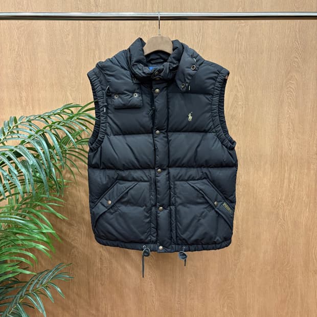 폴로 랄프로렌 하이넥 후드 다운 패딩 베스트 포니 로고 자수 디테일 블랙