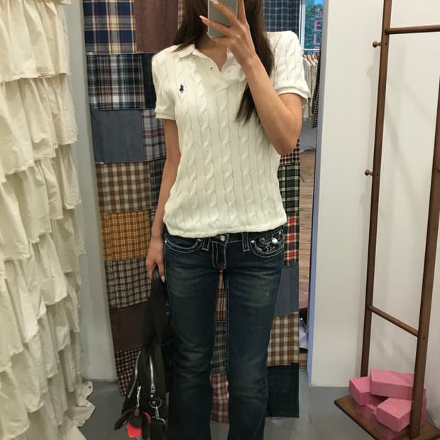 폴로 화이트 꽈배기 반팔 카라티