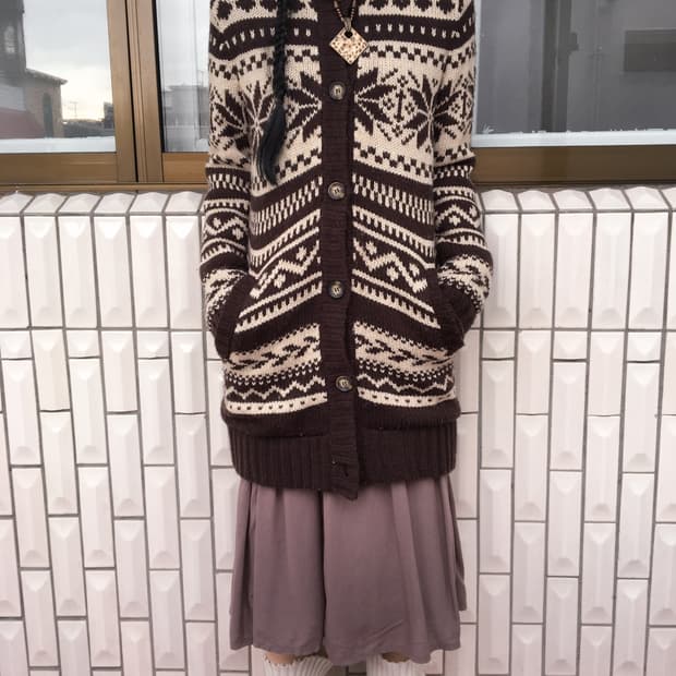 Snow pattern hood knit cardigan