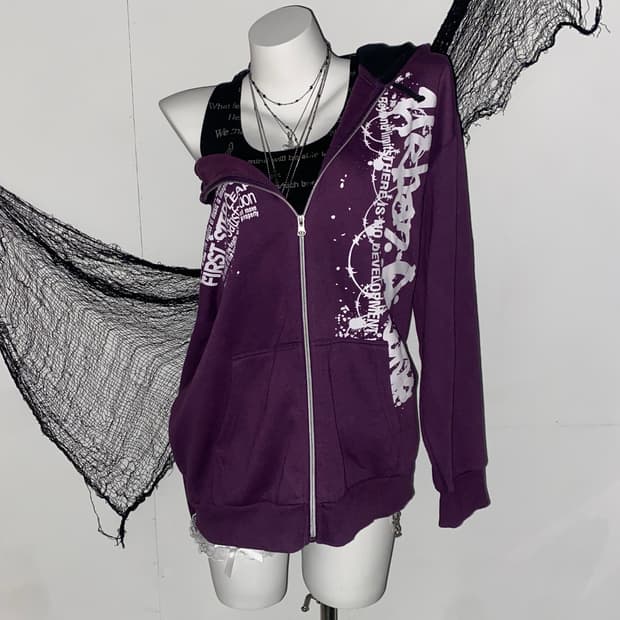 ꒰ঌ 펑크 고딕 레터링 퍼플 후드집업 ໒꒱