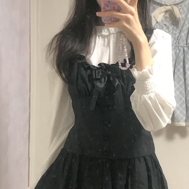 빈티지 블랙 리본 원피스 화이트 블라우스 세트 히메갸루 로걀 발레코어