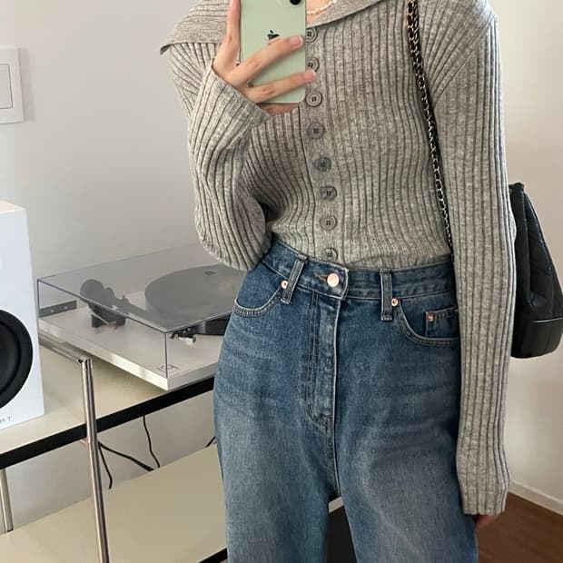 메리경 버튼 골지 니트 가디건 그레이