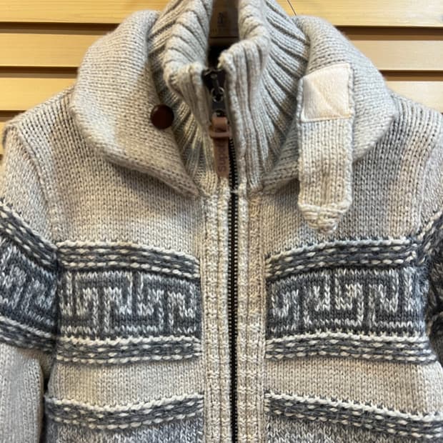 슈퍼드라이 여성 오트밀그레이 노르딕패턴 니트집업점퍼