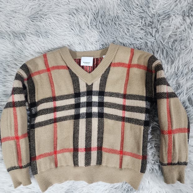 버버리 체크 키즈 V넥 니트 스웨터