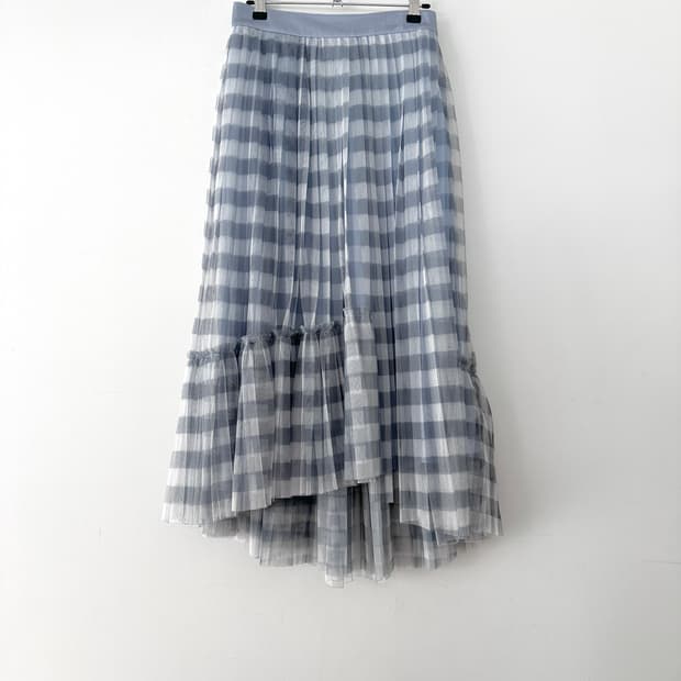 Check ruffle tulle skirt / sora & grey