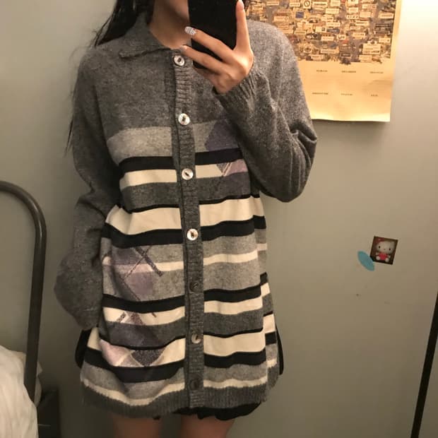 Cordier 모리걸 아가일 카라 니트 원피스 가디건