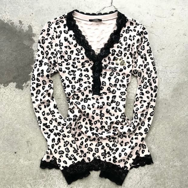 게스 오네 갸루 레오파드 호피 레이스 롱슬리브