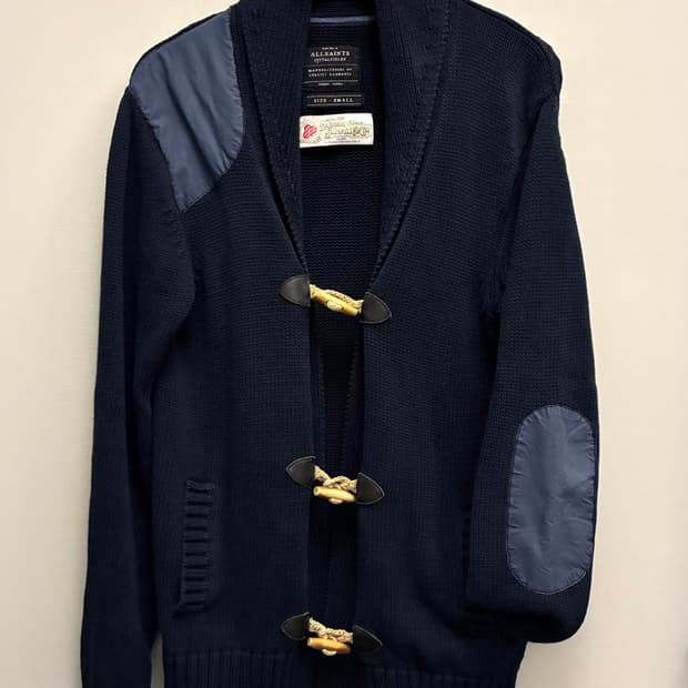 (S/100)올세인츠 스피탈필즈 엘보패치 토글 더플 숄카라 가디건