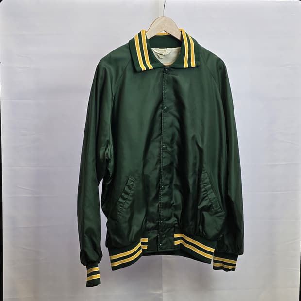 새틴 스타디움 재킷 그린/옐로우, COOS ILWU 프린트, XL 오버핏