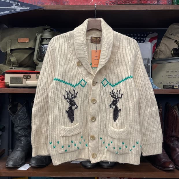 70s 툰드라 캐나다 버진 울 사슴 패턴 코위찬 니트 가디건