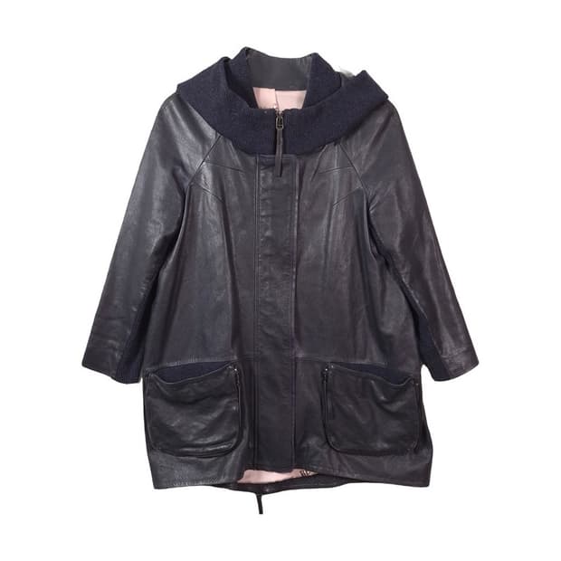 빈티지 양가죽 하이넥 니트 배색 레더 자켓 55