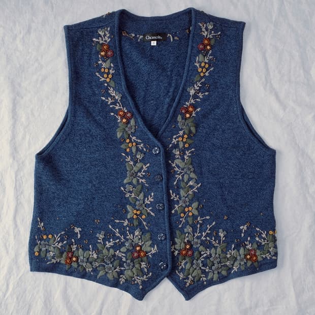 모리걸 그래니룩 자수 니트 베스트 조끼 일본빈티지