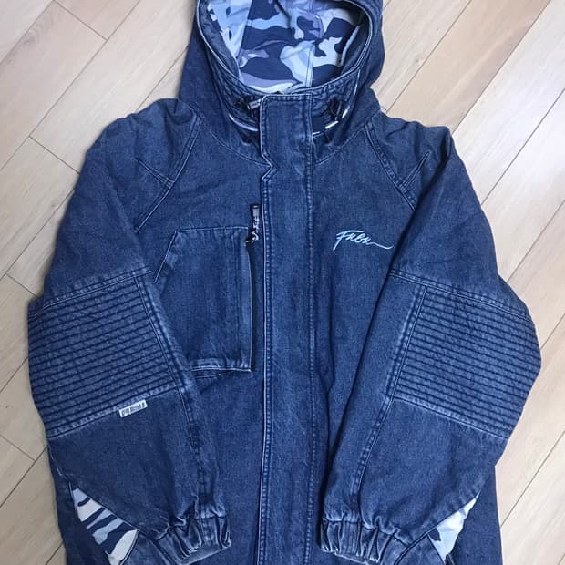 후부 데님 카모 후드 점퍼